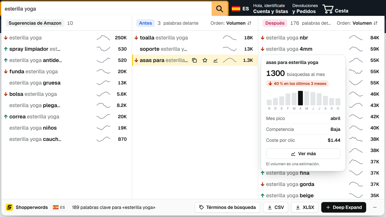 Columnas de Pro con una estimación de búsquedas mensuales y una línea de tendencia de 12 meses en cada palabra clave, y una ficha de «asas para esterilla yoga» con sus búsquedas mensuales, mes pico, competencia y coste por clic.